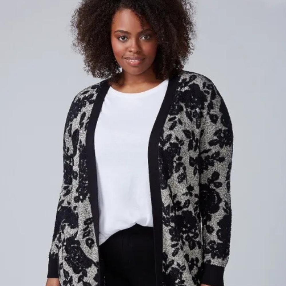 Lane Bryant Black Cream Soft Chenille Floral Cardigan Duster